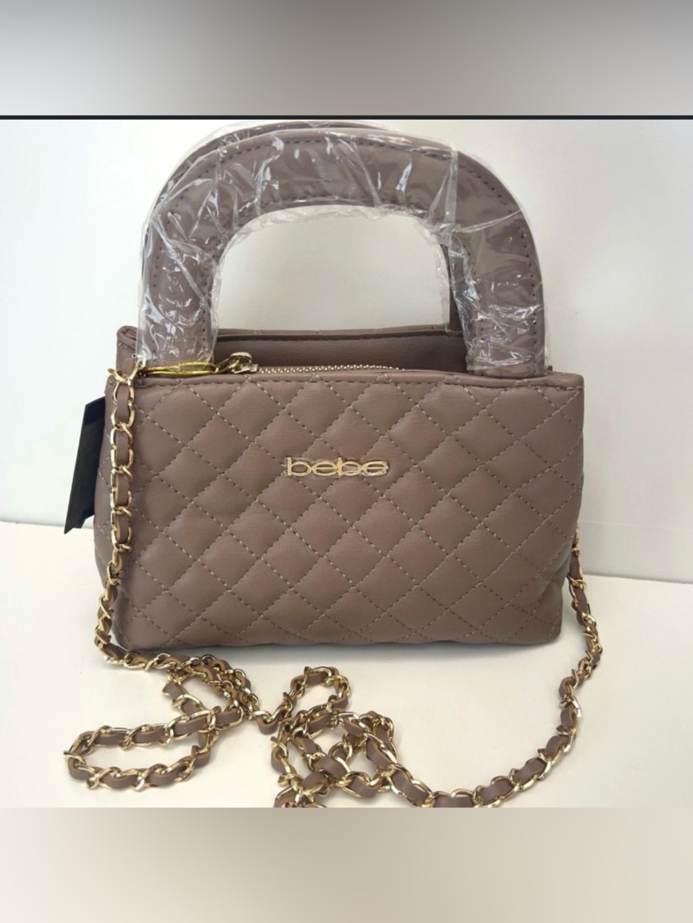 bebe Taupe Quilted Crossbody with Gold Chain
